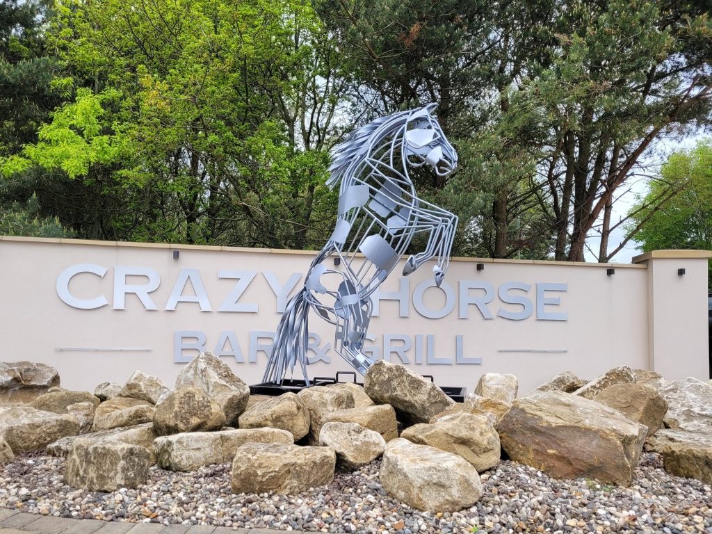 Horse sculpture outside the crazy horse bar grill